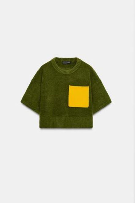 ZARA ТРИКОТАЖНЫЙ ДЖЕМПЕР С КОРОТКИМ РУКАВОМ, ЗЕЛЕНЫЙ