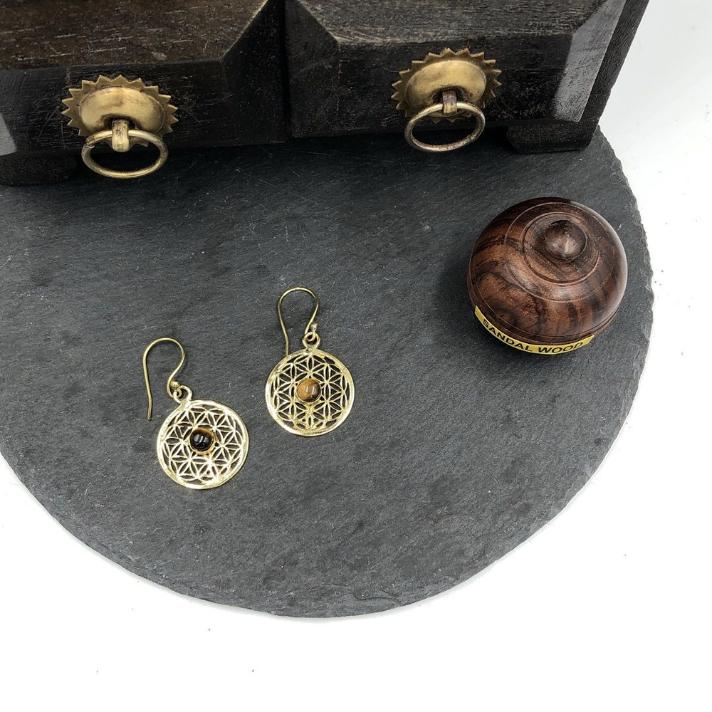 Серьги Flower of Life тигровый глаз из латуни