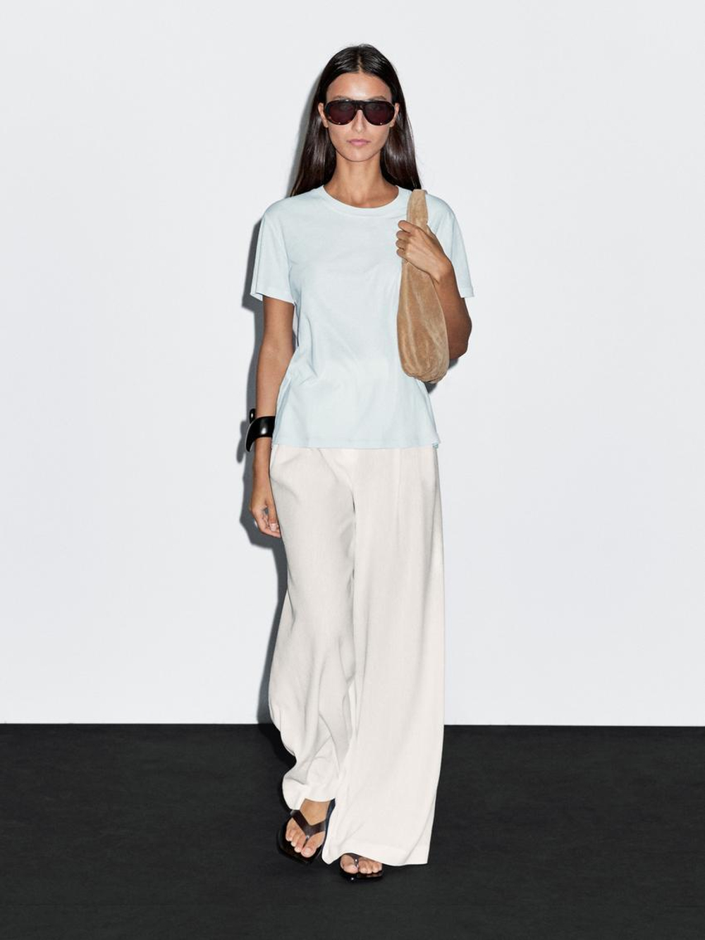 Massimo Dutti Футболка с декоративными швами на рукаве, небесно-голубой