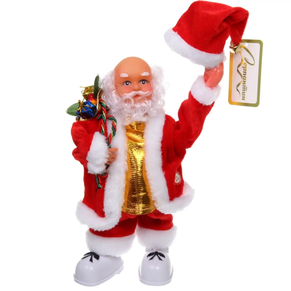 Дед Мороз музыкальный 20 см в красной шубе с колпаком (работает от 3*АА - в комплект не входят)