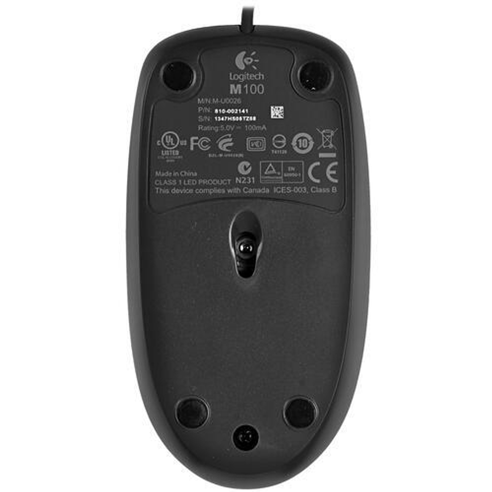 Мышь проводная Logitech M100R, 1000dpi, черный, 1.8м (910-005006)
