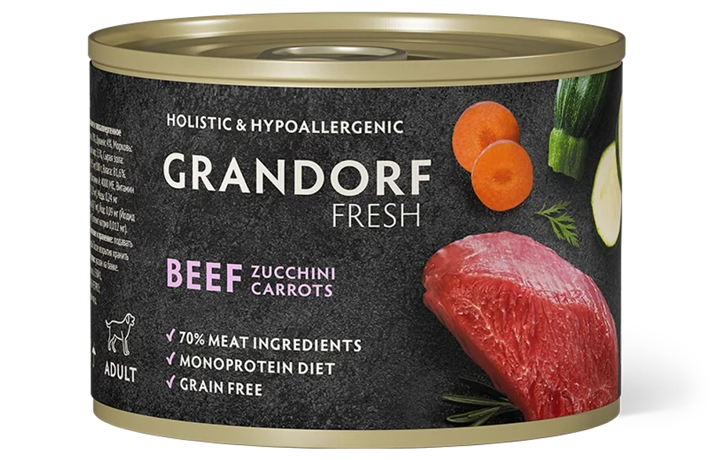Grandorf Fresh Монопротеиновые консервы из говядины с цукини и морковью для собак всех пород