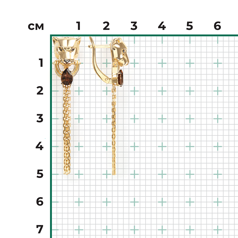 Серьги «Пантеры» с английским замком из лимонного золота с кварцем дымчатым