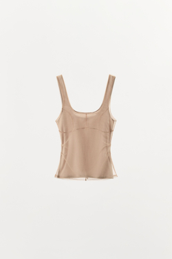 ZARA ТОП ИЗ ПОЛУПРОЗРАЧНОЙ ТКАНИ С ДЕКОРАТИВНОЙ СТРОЧКОЙ, ТЕЛЕСНО-РОЗОВЫЙ