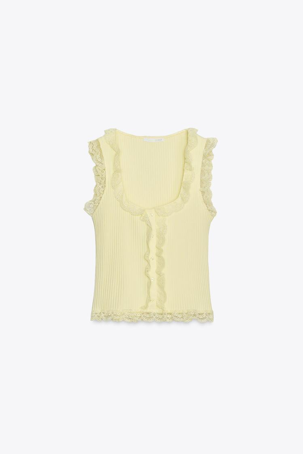 ZARA ТОП С КРУЖЕВОМ И ПУГОВИЦАМИ, СВЕТЛО-ЖЕЛТЫЙ