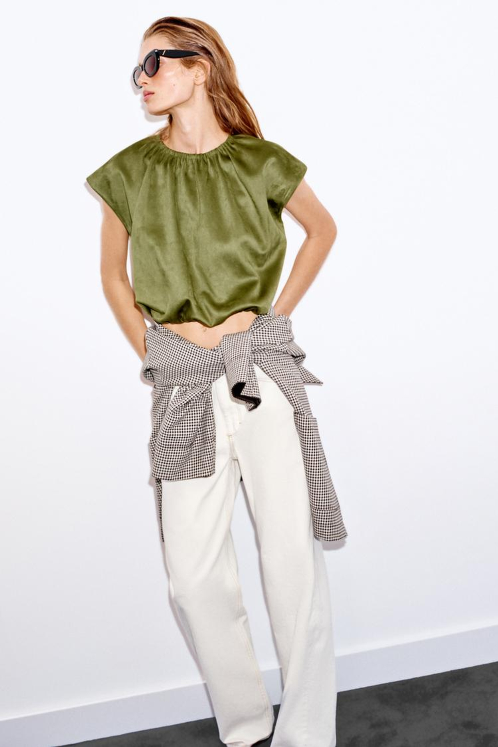 ZARA ТОП ОБЪЕМНОГО КРОЯ ИЗ ИМИТАЦИИ ЗАМШИ, ХАКИ