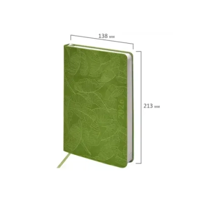Ежедневник датированный 2026 А5 138x213 мм, BRAUBERG "Foliage", под кожу, гибкий, зеленый, 117128