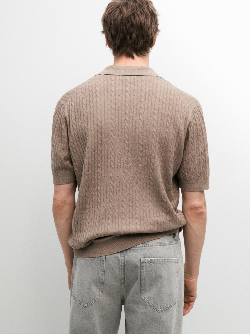 Massimo Dutti Вязаная рубашка-поло с короткими рукавами и узором «косичка», пыльный хаки