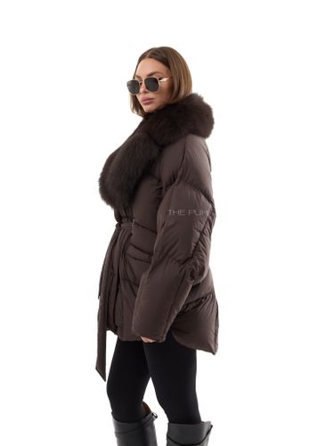 Шоколадный пуховик летучая мышь с мехом песца