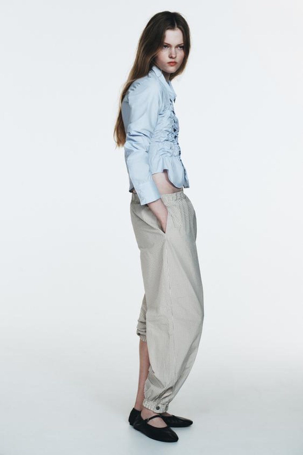 ZARA НЕЙЛОНОВЫЕ БРЮКИ-БОМБАШКИ В КЛЕТКУ, БЕЛЫЙ/ЧЕРНЫЙ