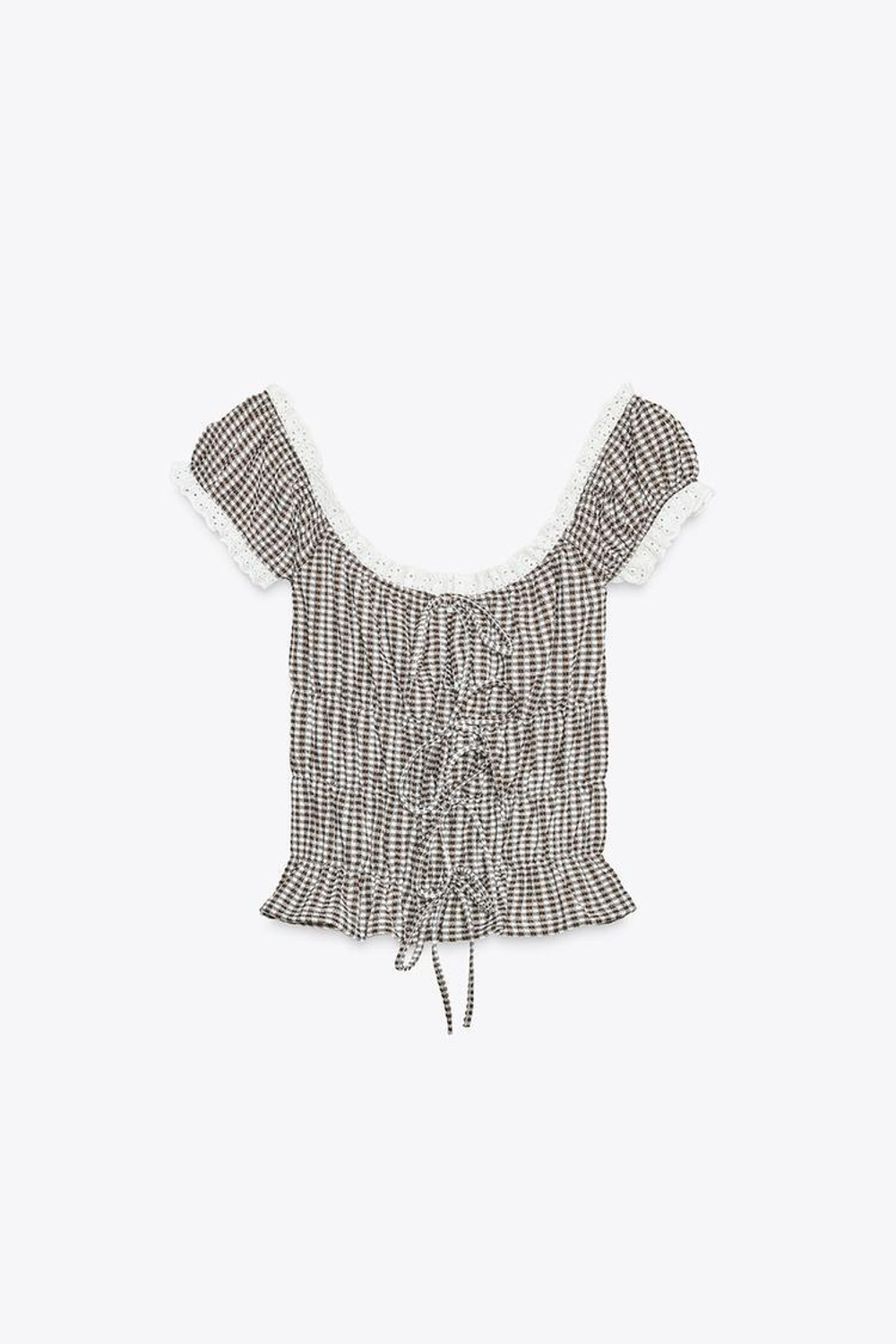 ZARA ТОП В КЛЕТКУ ВИШИ С КРУЖЕВОМ, КОРИЧНЕВЫЙ/ЭКРЮ