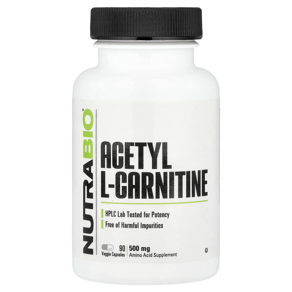 NutraBio, Ацетил L-карнитин, 500 мг, 90 растительных капсул