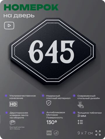 Номерок на дверь квартиры 645, для кабинета, офиса, шильдик 9 х 7 см, черный, Айдентика Технолоджи