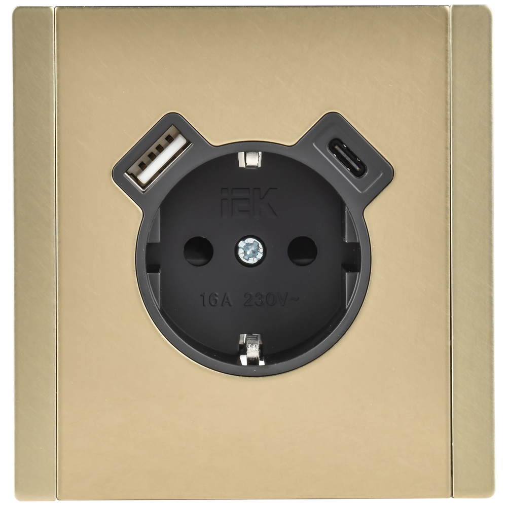 FORTE&PIANO Розетка 1-местная с заземлением с защитными шторками винтовое крепление 16А USB A+C 18Вт FP647M металл шампань IEK