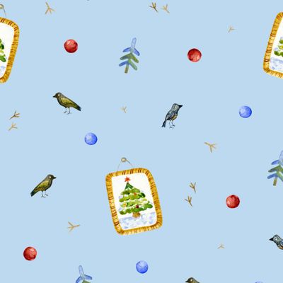 Птички и ёлочки на голубом фоне