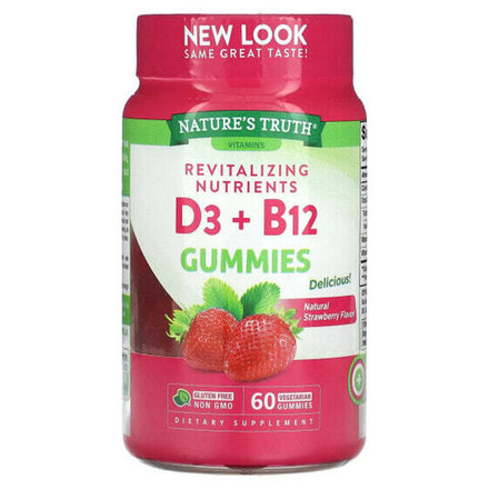 Витамины группы B Nature's Truth, Восстанавливающие витамины D3 и B12, клубника, 60 вегетарианских жевательных таблеток
