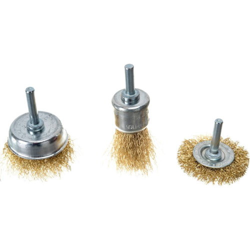 Корщетки (крацовки) со штифтом, набор 3 шт (колесо 50мм/ чашка 50мм/ венчик 25мм), 38561М