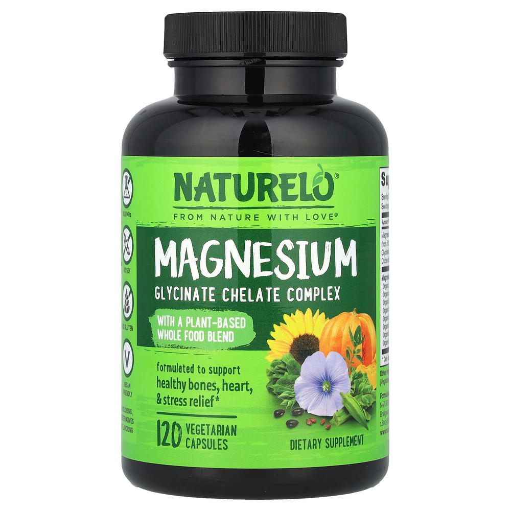 NATURELO, хелат глицината магния, 200 мг, 120 вегетарианских капсул