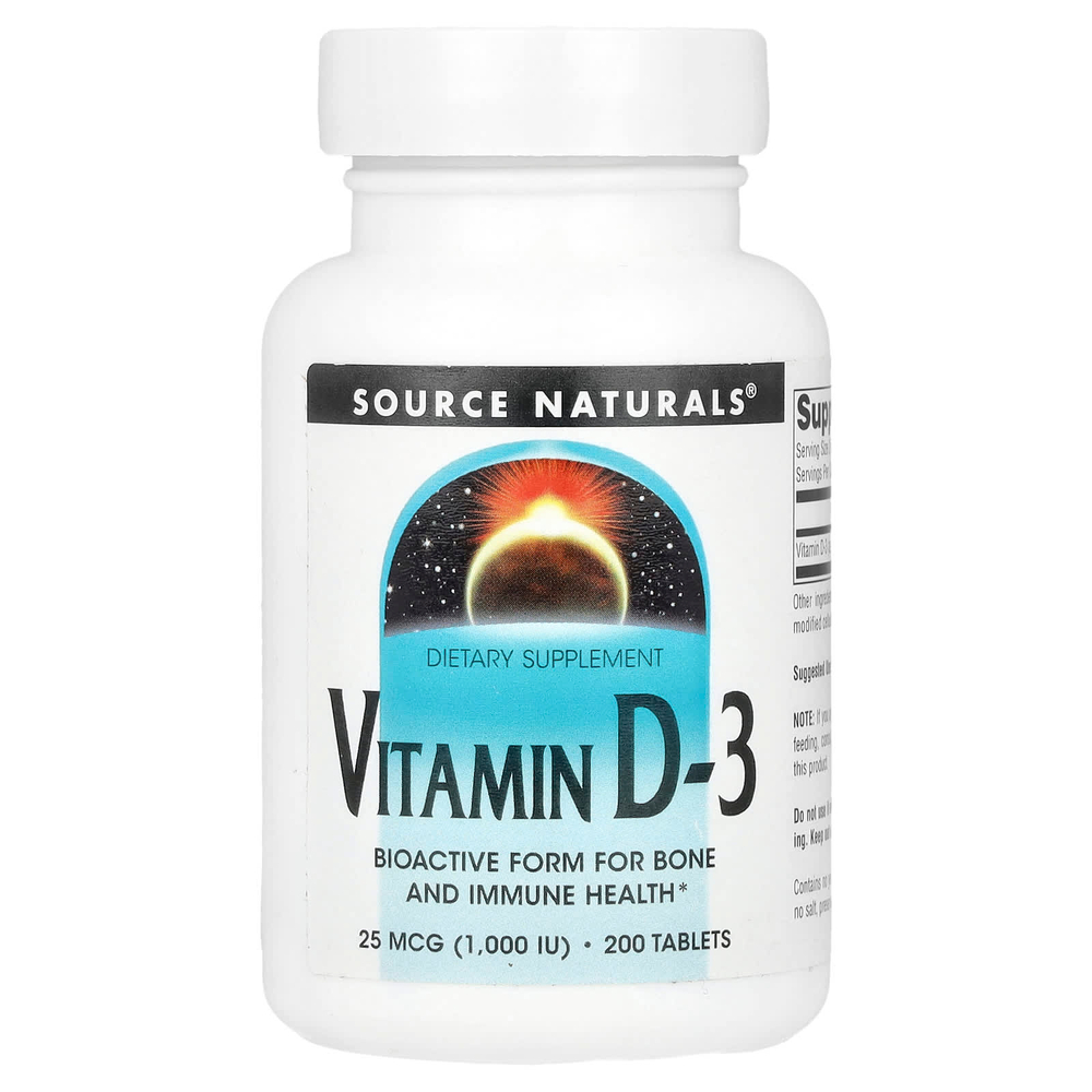 Source Naturals, витамин D3, 25 мкг (1000 МЕ), 200 таблеток