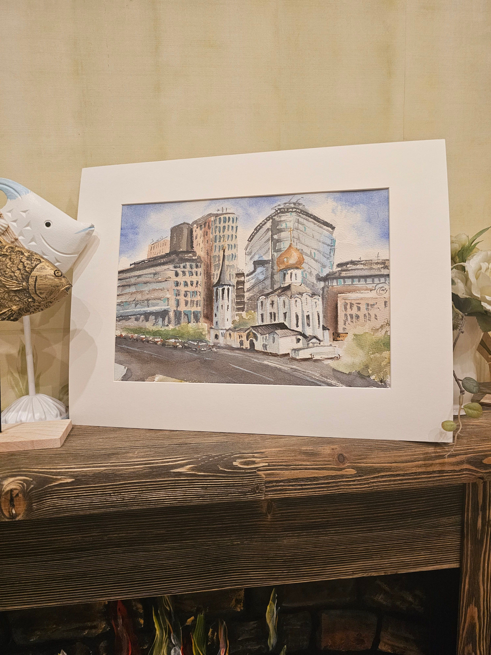 Картина авторская акварельная в паспарту 30х40 см на стену для интерьера "Белая площадь"