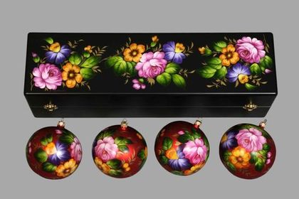 Zhostovo Christmas balls in wooden box - set of 4 balls SET04D-667785823