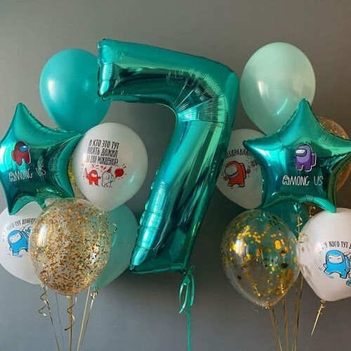 Композиция из шаров на 7 лет с двумя звездами-тиффани с Among Us