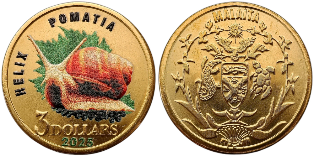 Остров Малаита 3 доллара 2025 Улитка - Цветная