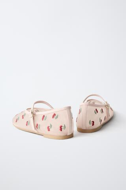ZARA БАЛЕТКИ С ВЫШИВКОЙ ВИШНИ, РОЗОВЫЙ