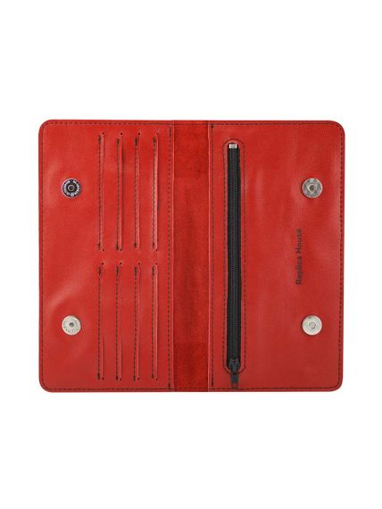 Фото функционального кошелька Белка из красной кожи, развернутый вид без наполнения.