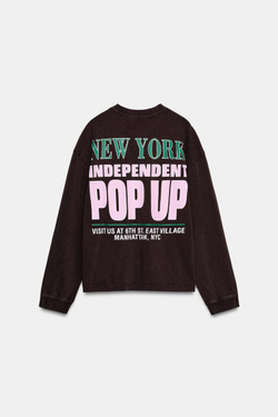 ZARA ФУТБОЛКА С ЭФФЕКТОМ ПОТЕРТОСТИ И КОНТРАСТНЫМ ТЕКСТОМ, КОРИЧНЕВЫЙ