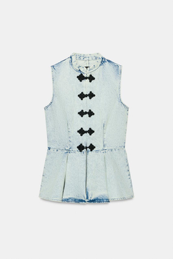 ZARA ДЖИНСОВЫЙ ЖИЛЕТ С НАВЕСНЫМИ ПЕТЛЯМИ — ZW COLLECTION, ГОЛУБОЙ