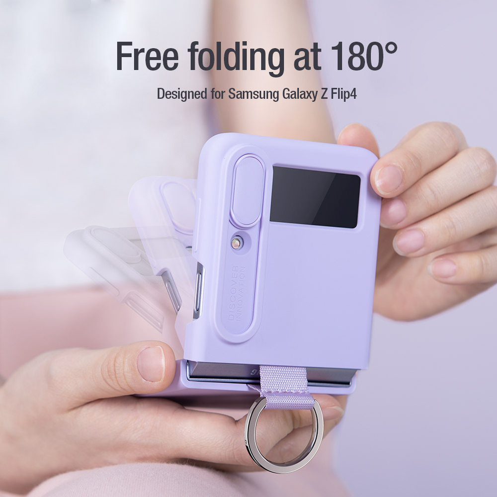 Чехол пурпурного цвета от Nillkin для Samsung Galaxy Z Flip 4 5G, серия CamShield Silky Silicone, с защитной шторкой для камеры и кольцом
