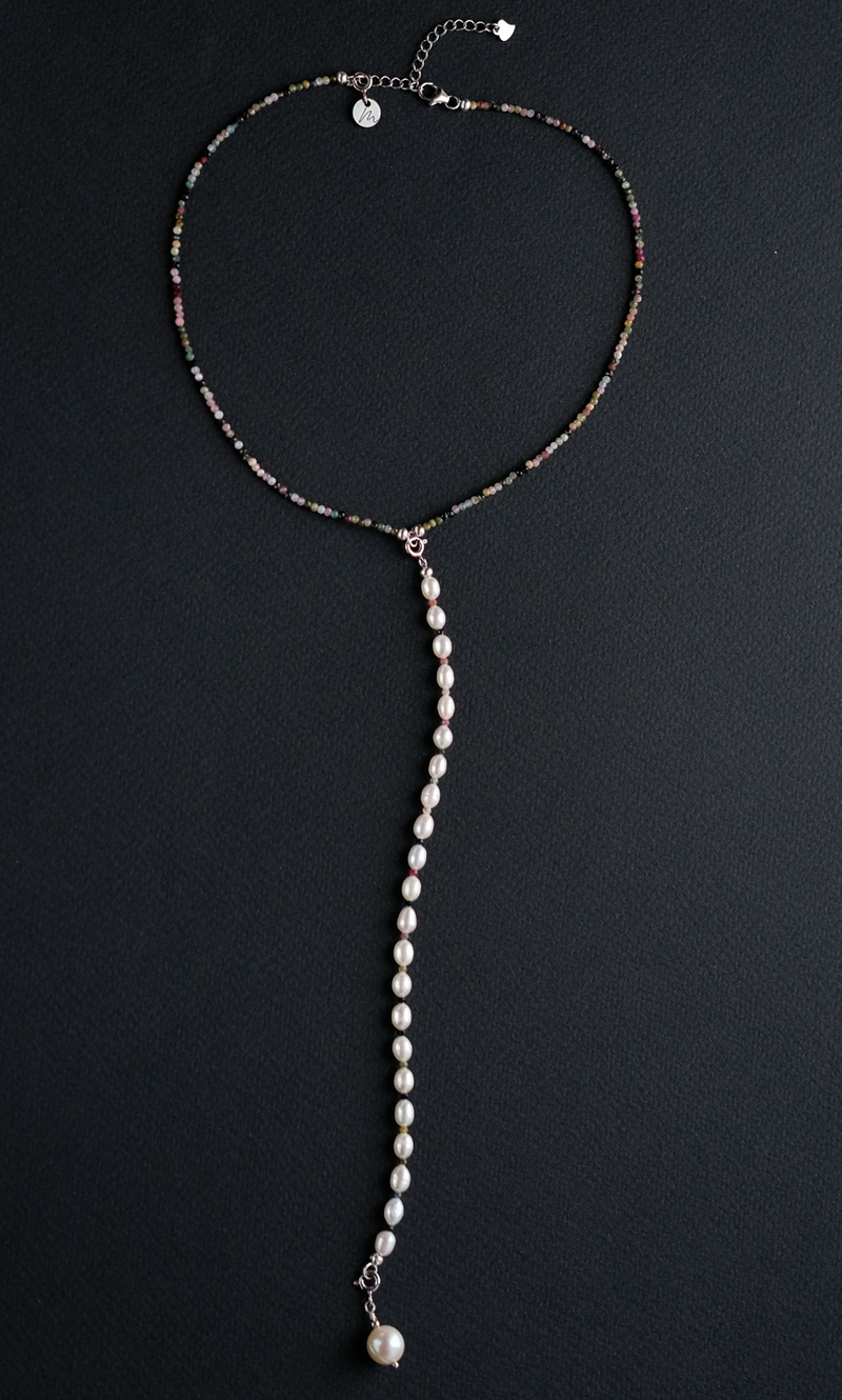 Колье Сотуар "Memo Flow" из турмалина цветного с жемчугом