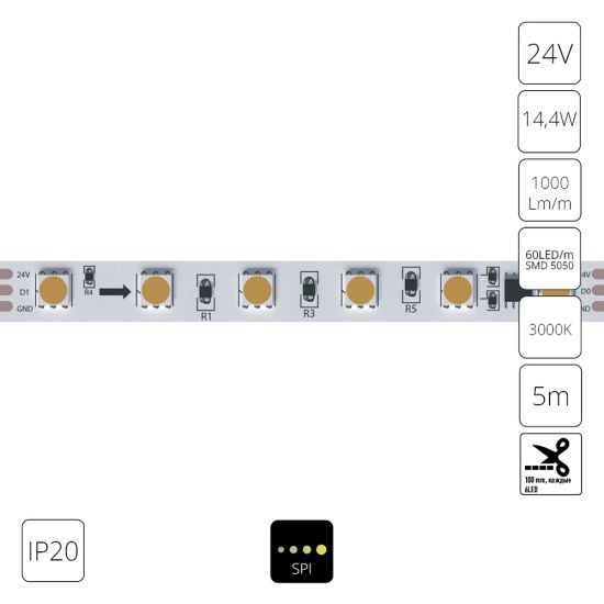 Светодиодная лента 24V 14,4W/m 3000К 5м IP20 Arte Lamp SPI A2406010-03-3K