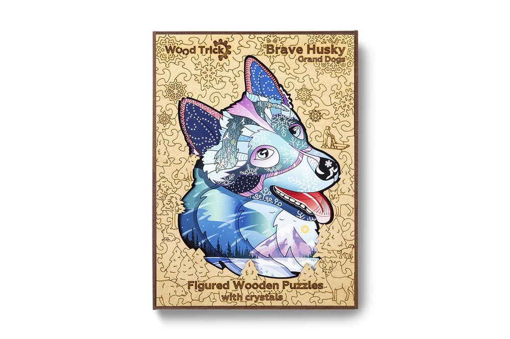 Храбрый Хаски с кристаллами Swarovski от Wood Trick - сборные пазлы причудливой формы, это картины, которые вы собираете сами