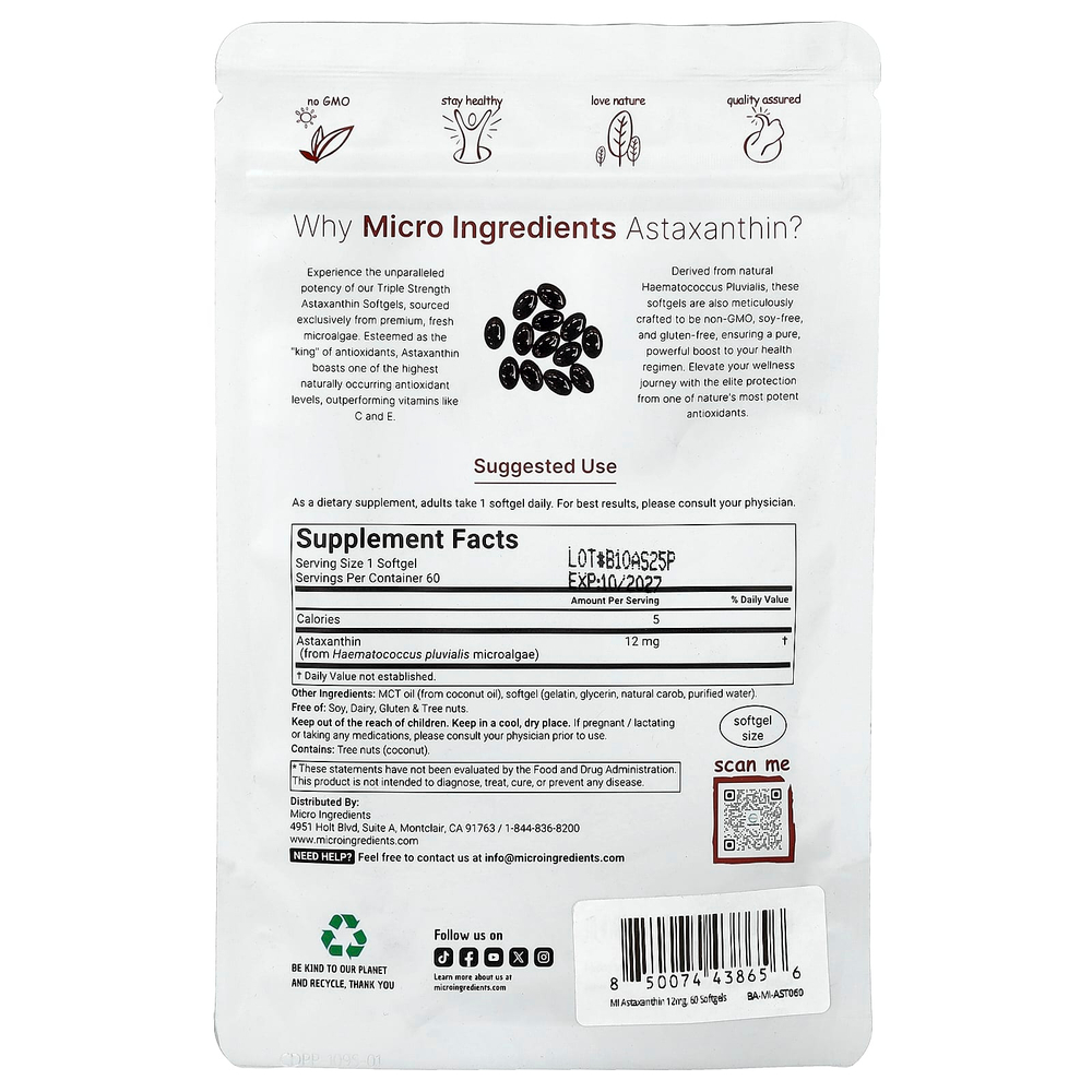 Micro Ingredients, астаксантин, 12 мг, 60 капсул