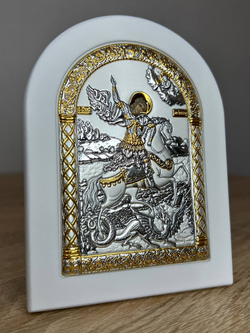 Георгий Победоносец, икона арочная, белое дерево 105х140