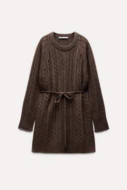 ZARA ДЛИННЫЙ СВИТЕР ИЗ СМЕСОВОЙ ШЕРСТИ С УЗОРОМ «КОСЫ», КОРИЧНЕВЫЙ