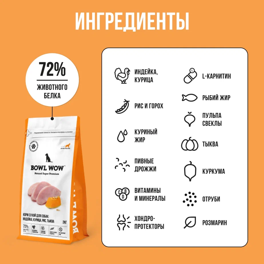 Сухой корм Bowl Wow для собак крупных пород, с индейкой, курицей, рисом и тыквой - 2 кг