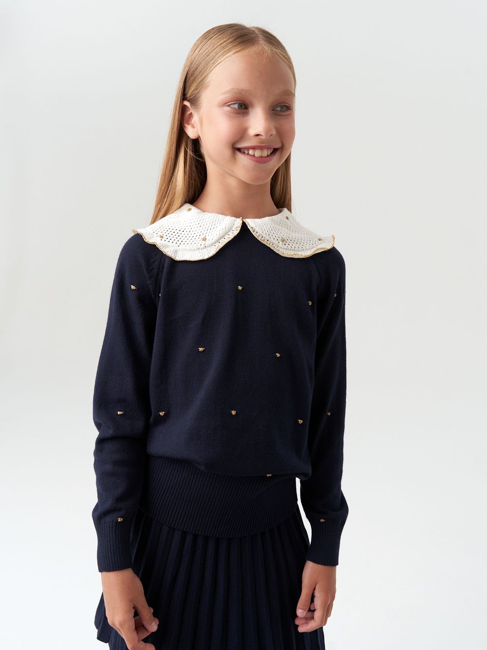 Джемпер для девочки с длинным рукавом AT977-1 синий-золотистый