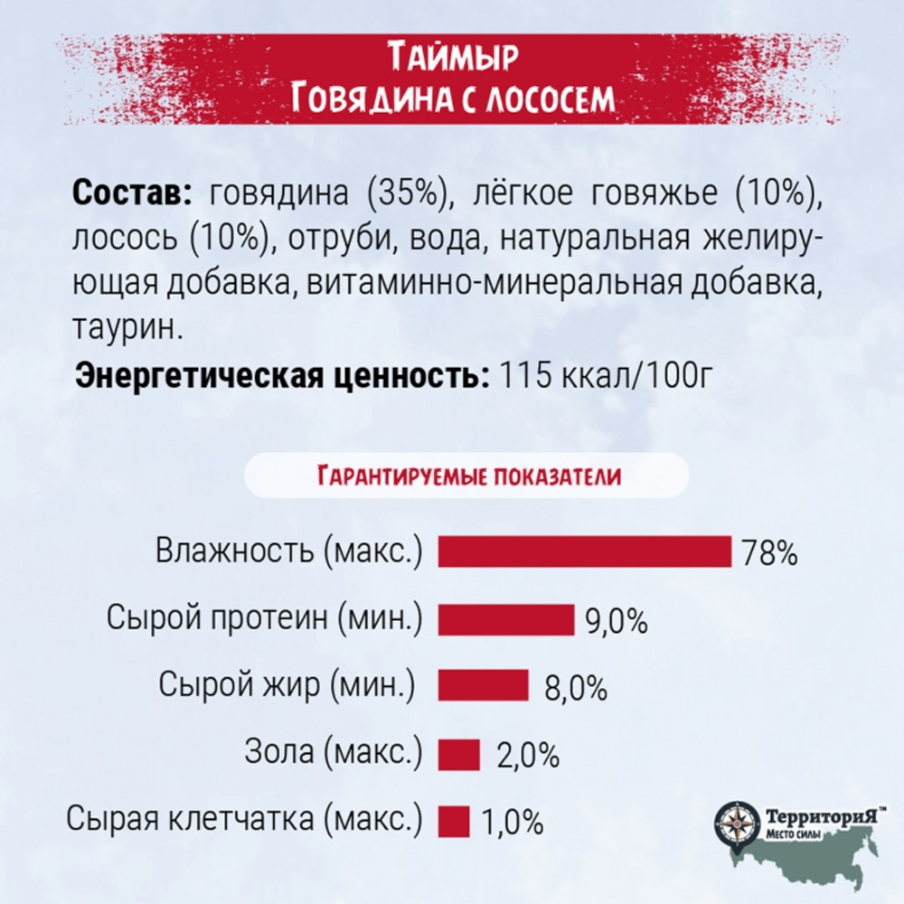 Консервы ТерриториЯ Таймыр для кошек, говядина с лососем - 85 гр