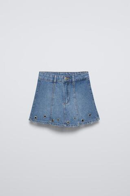ZARA ДЖИНСОВАЯ ЮБКА С ЛЮВЕРСАМИ, СИНИЙ