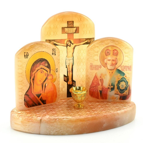 Триптих из селенита с подсвечником "Б. М.Казанская и Николай Чудотворец" 128*70*105 мм.