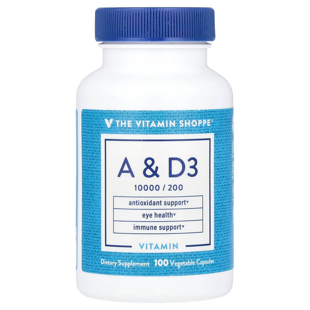 The Vitamin Shoppe, Витамины A и D3, 100 растительных капсул