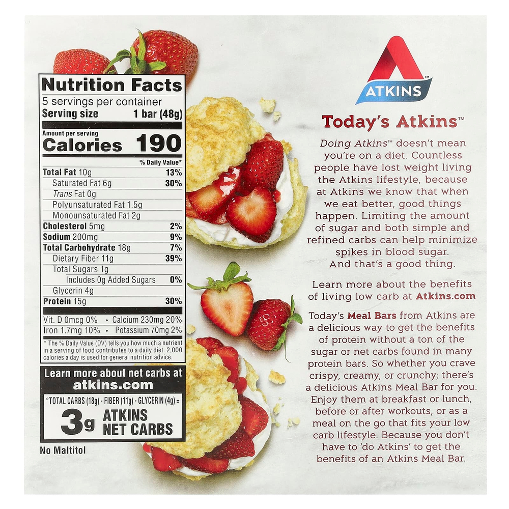 Atkins, Protein Meal Bar, батончик с клубничным пирожным, 5 батончиков, 48 г (1,69 унции)