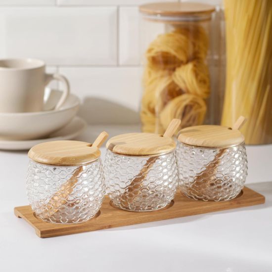Набор банок для сыпучих продуктов на деревянной подставке «Эко», 300 мл, с ложками, 3 шт