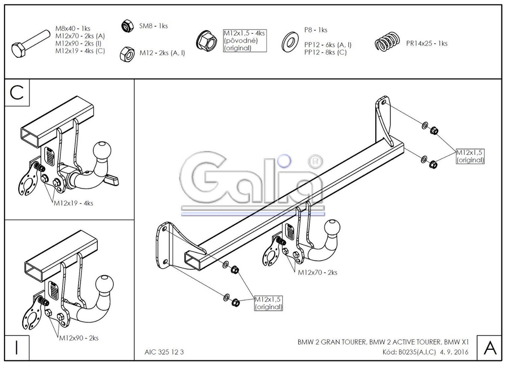 Фаркоп оцинкованный Galia B023C для BMW X1 F48 07/2015-, BMW 2-Series Active Tourer F45 09/2014-, BMW 2-Series Gran Tourer F46 05/2015-(паспорт и сертификат в комплекте)(без электрики)