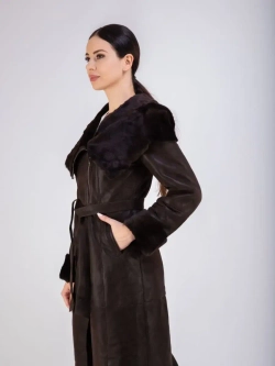 Дубленка женская зима натуральная длинная с капюшоном Турция