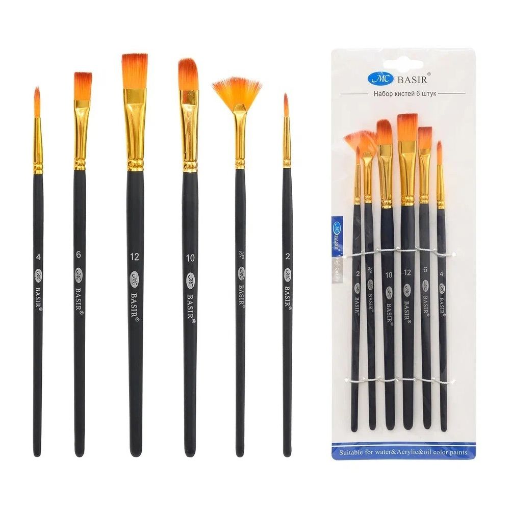 Кисть для рисования Basir художественная, нейлон, плоские, № 2,3,4,6,10,12, чёрный корпус, набор из 6 шт
