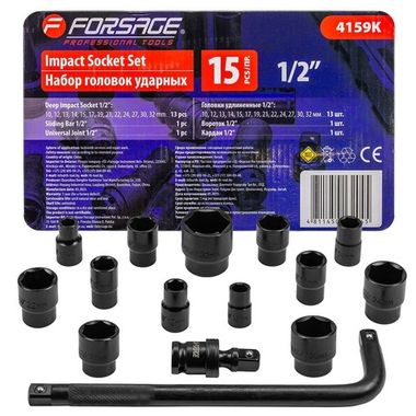 Набор головок ударных 15пр. 1/2''(6-гр.) (10,12, 13, 14, 15, 17, 19, 21, 22, 24, 27, 30, 32мм) в ложементе Forsage F-4159K
